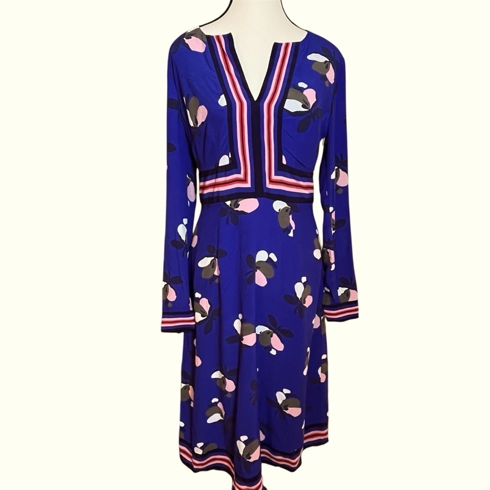 Boden Daisy Dress Long Sleeve Blue Floral Pink Size 4L Long Tall Fit & Flare